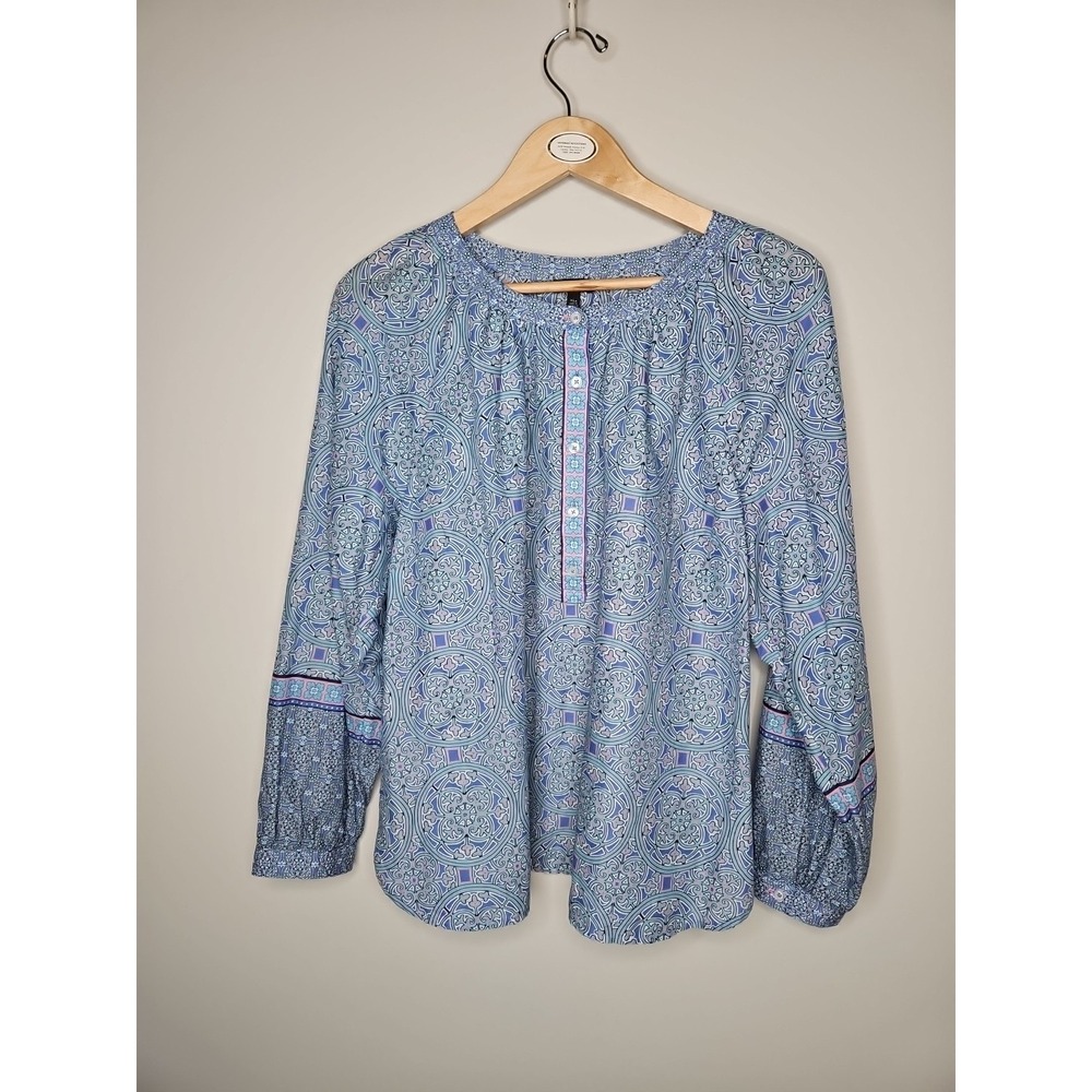 Talbots Blouse XLP Cotton Stained Glass Medallion Band Collar Popover Coastal